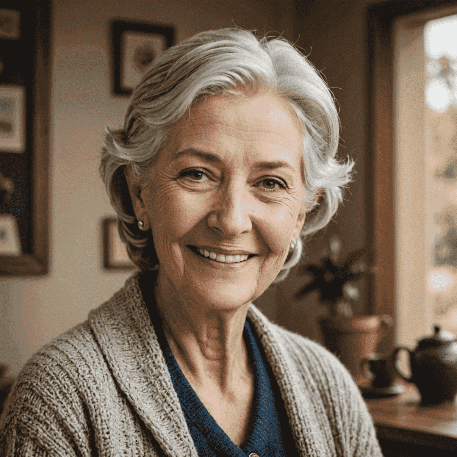 A warm, smiling face of a senior woman with silver hair and kind eyes, wearing a cozy cardigan