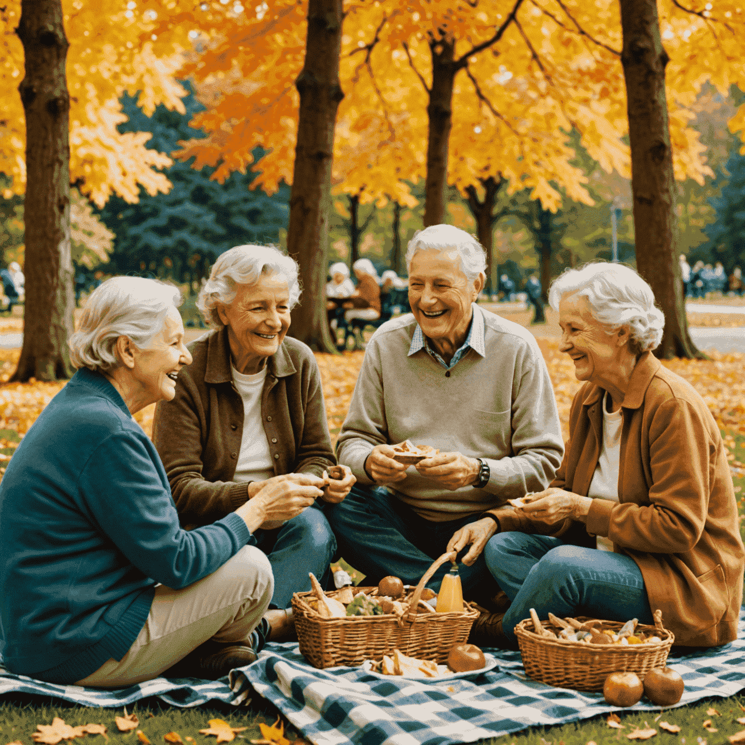 A group of smiling Canadian seniors enjoying a picnic in a lush park. They are seated on checkered blankets, sharing food and laughter. The background shows maple trees with autumn colors.