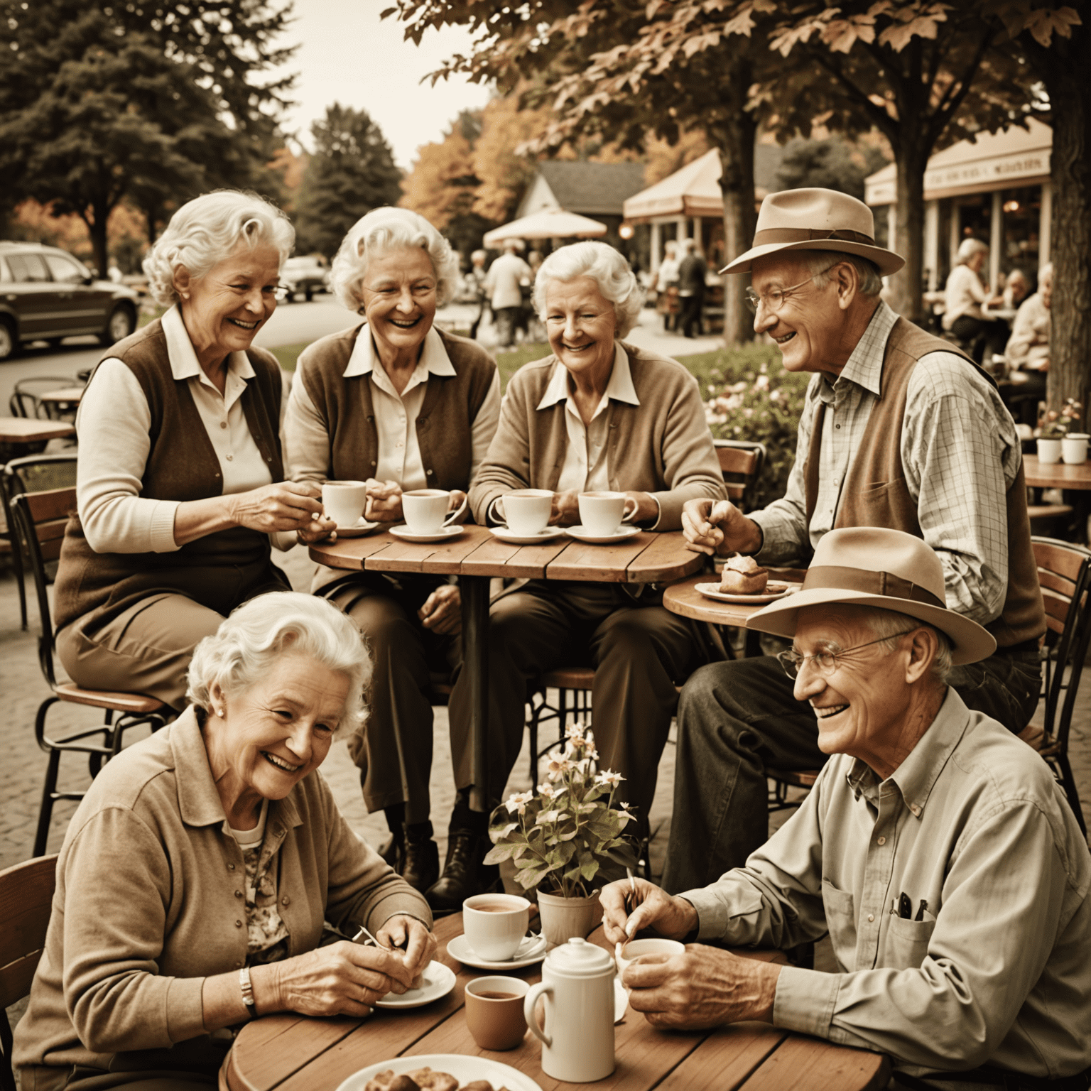 A collage of smiling Canadian seniors enjoying various activities such as gardening, reading in a park, and having coffee at a local diner. The image has a warm sepia tone, giving it a nostalgic feel.