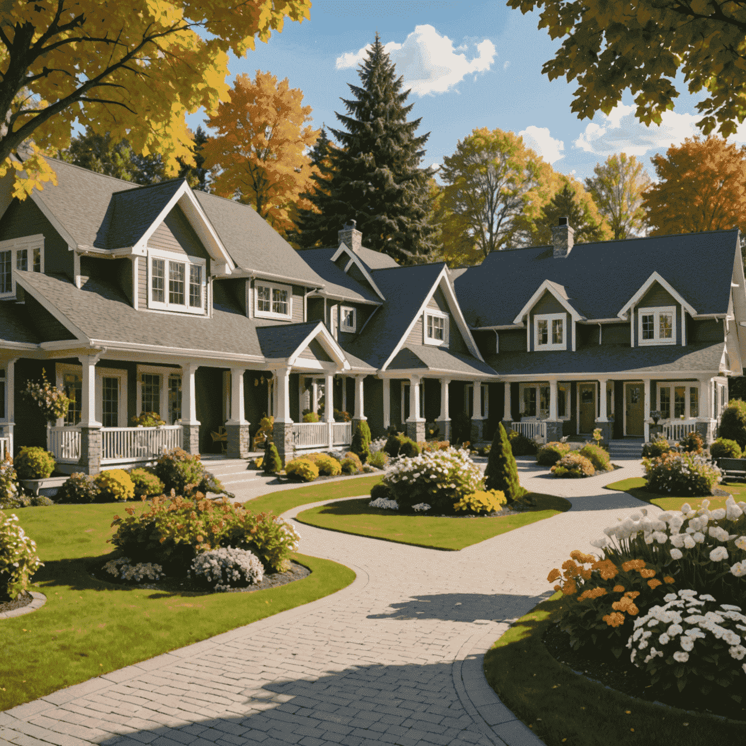 A cozy retirement community in a small Canadian town, featuring charming bungalows with well-maintained gardens and seniors socializing on benches