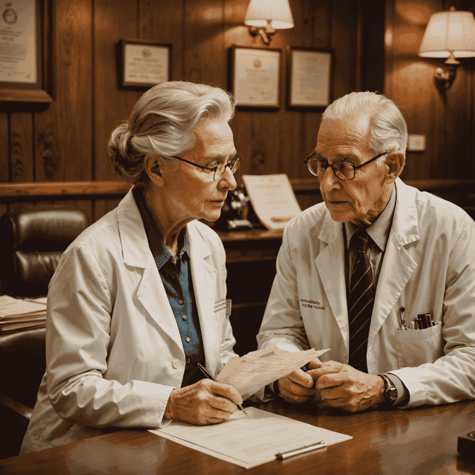 An elderly couple sitting in a doctor's office, looking at medical documents. The room has a warm, vintage feel with wood paneling and soft lighting. The doctor, wearing a white coat, is explaining something to them with a kind expression.