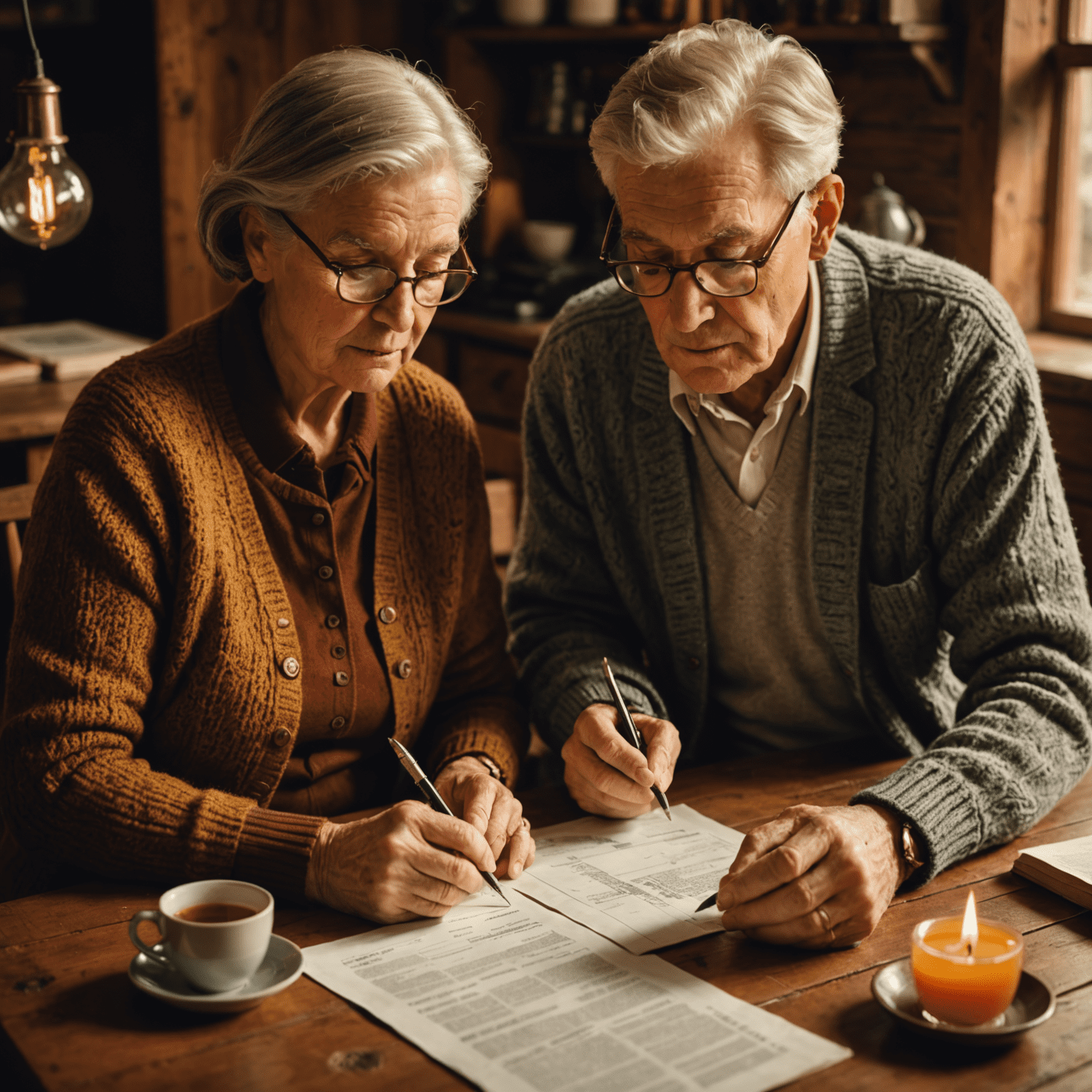 Senior couple reviewing financial documents at a rustic wooden table, with a warm amber lamp casting a cozy glow. The man is wearing a cardigan, and the woman has reading glasses perched on her nose. A vintage calculator and a cup of tea are visible on the table.