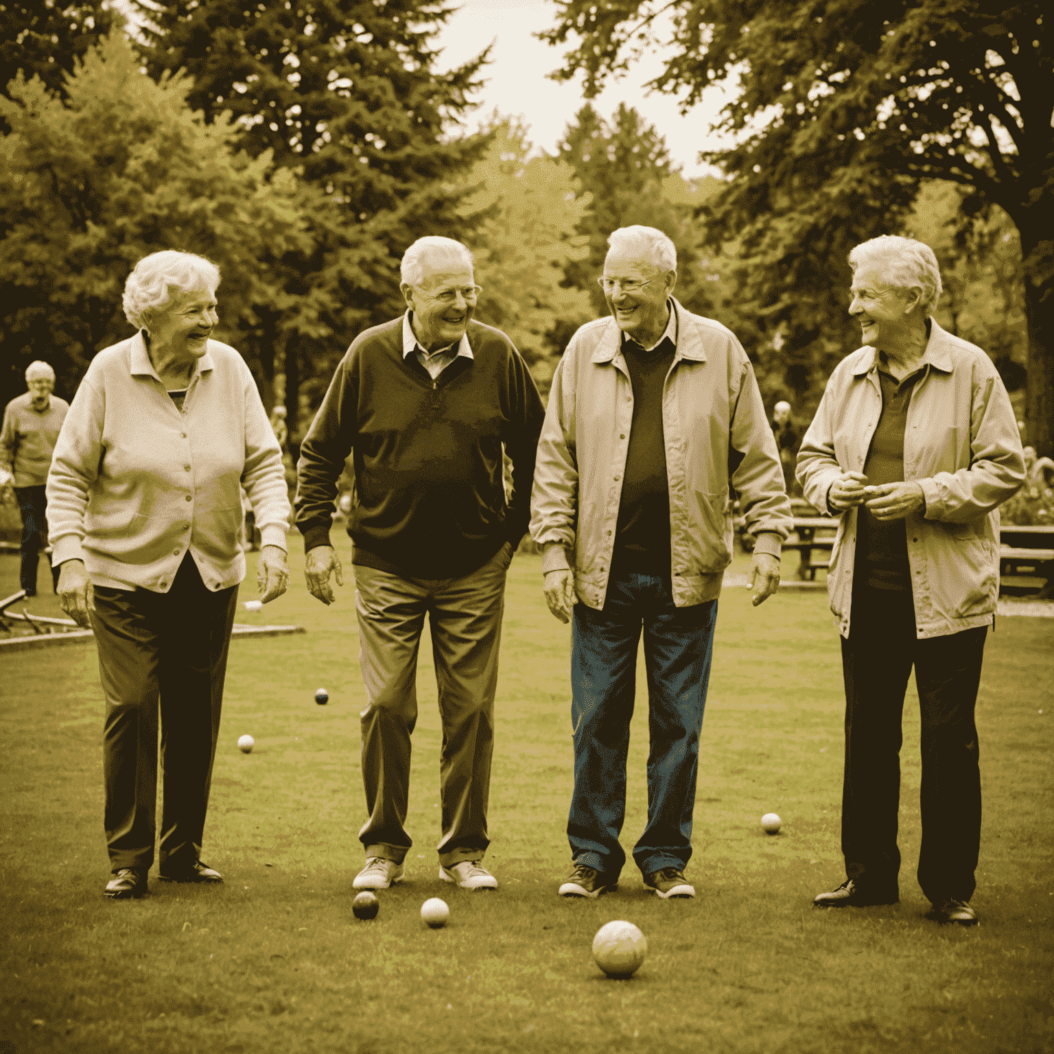 A group of smiling Canadian seniors participating in various recreational activities in a park. Some are playing bocce ball, others are doing tai chi, and a few are tending to a community garden. The image has a warm, sepia-toned filter to give it a nostalgic feel.