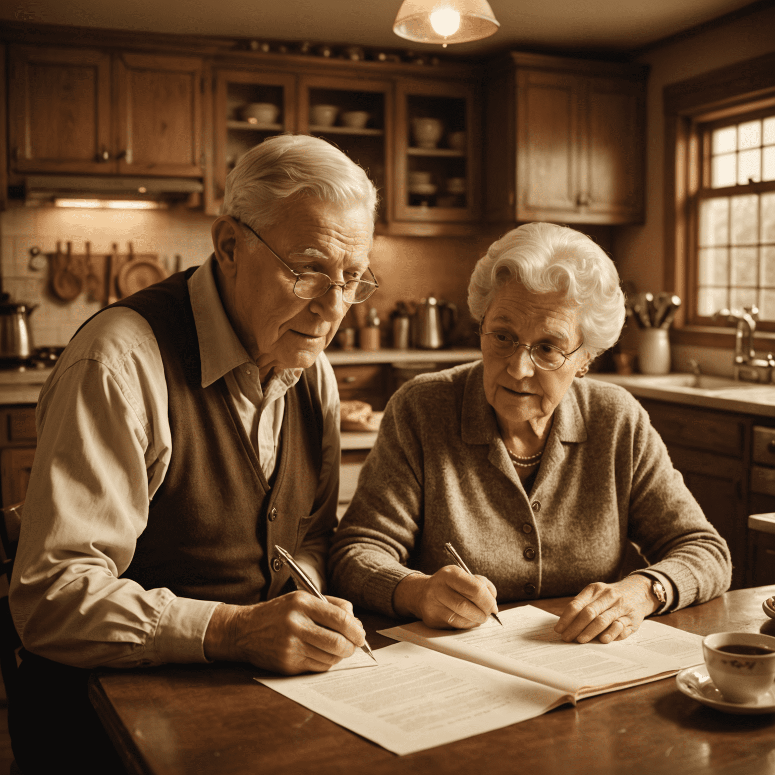 Senior couple reviewing pension documents at a vintage kitchen table, with a warm, sepia-toned ambiance reminiscent of 1960s Canada