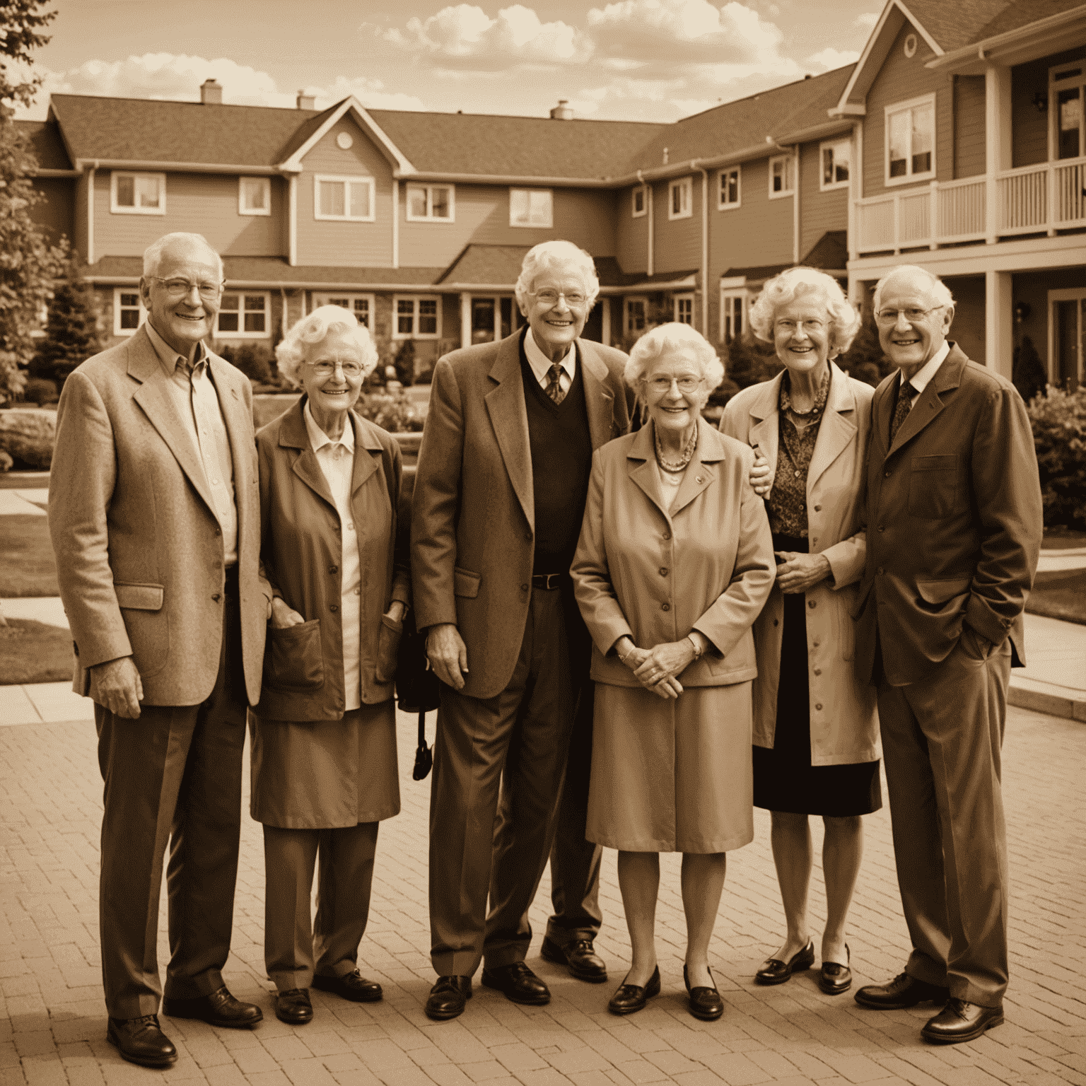 A group of senior Canadians standing in front of various housing options, including a cozy retirement community and a modern assisted living facility. The image has a warm, sepia-toned filter applied to give it a nostalgic feel.