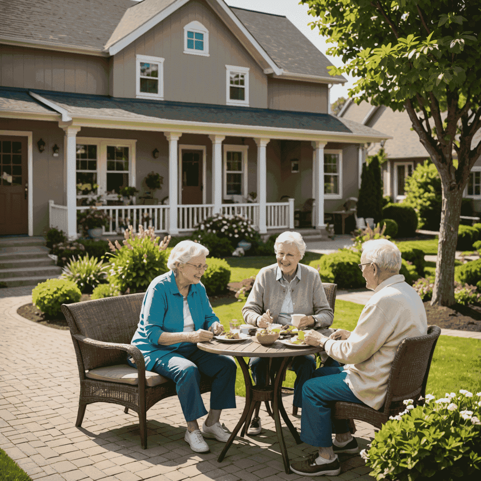 A cozy retirement community with small, well-maintained houses and gardens. Senior residents are seen chatting and enjoying the outdoors.