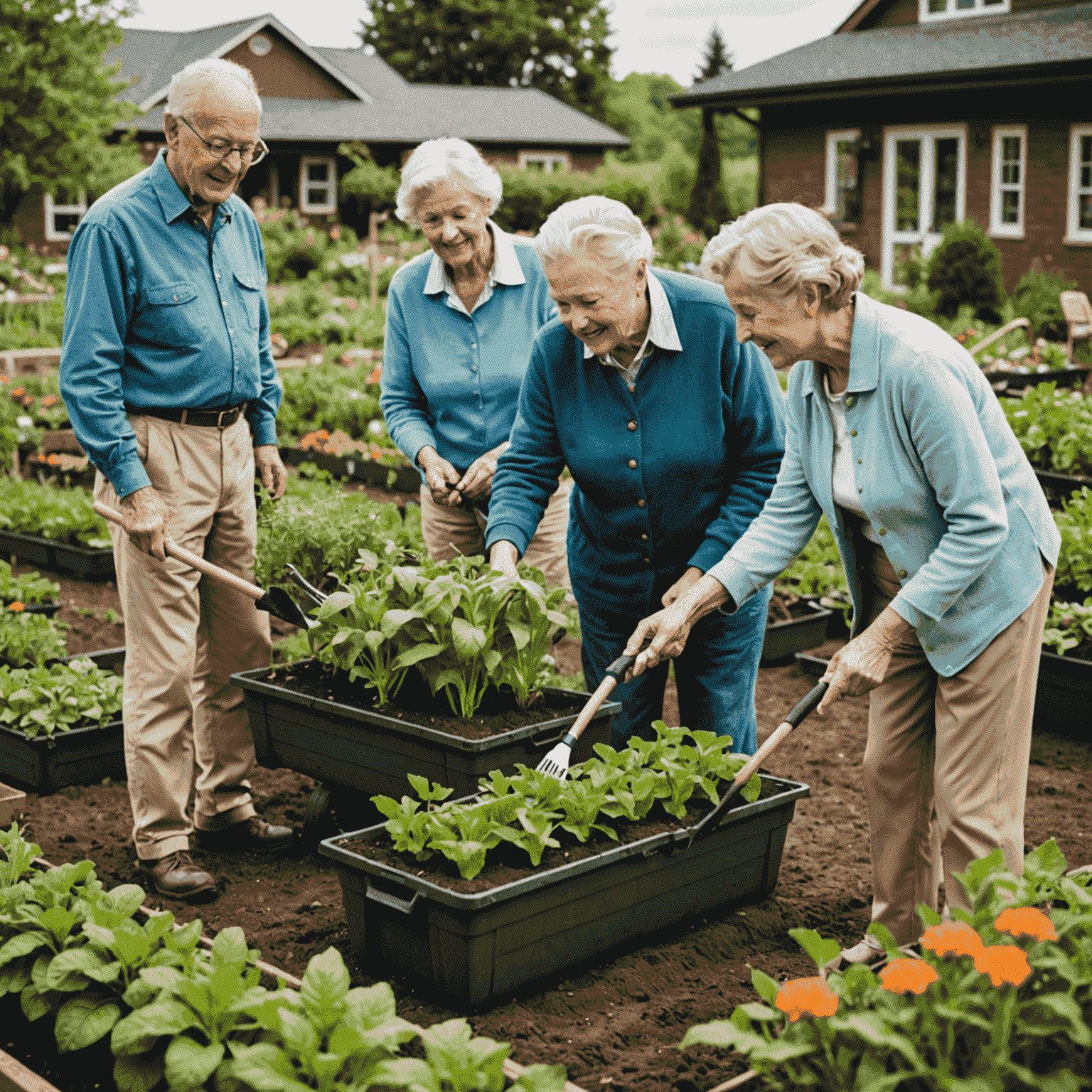 Seniors participating in a gardening club within a retirement community, tending to a communal vegetable garden