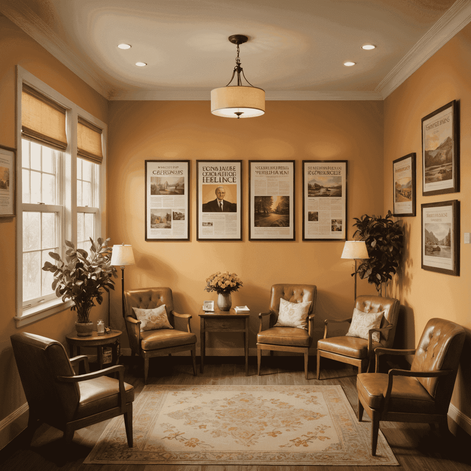 A serene waiting room in a Canadian clinic, decorated with vintage posters about health and wellness. Elderly patients are comfortably seated, reading magazines or chatting quietly. The room has a warm, amber glow from soft lighting.