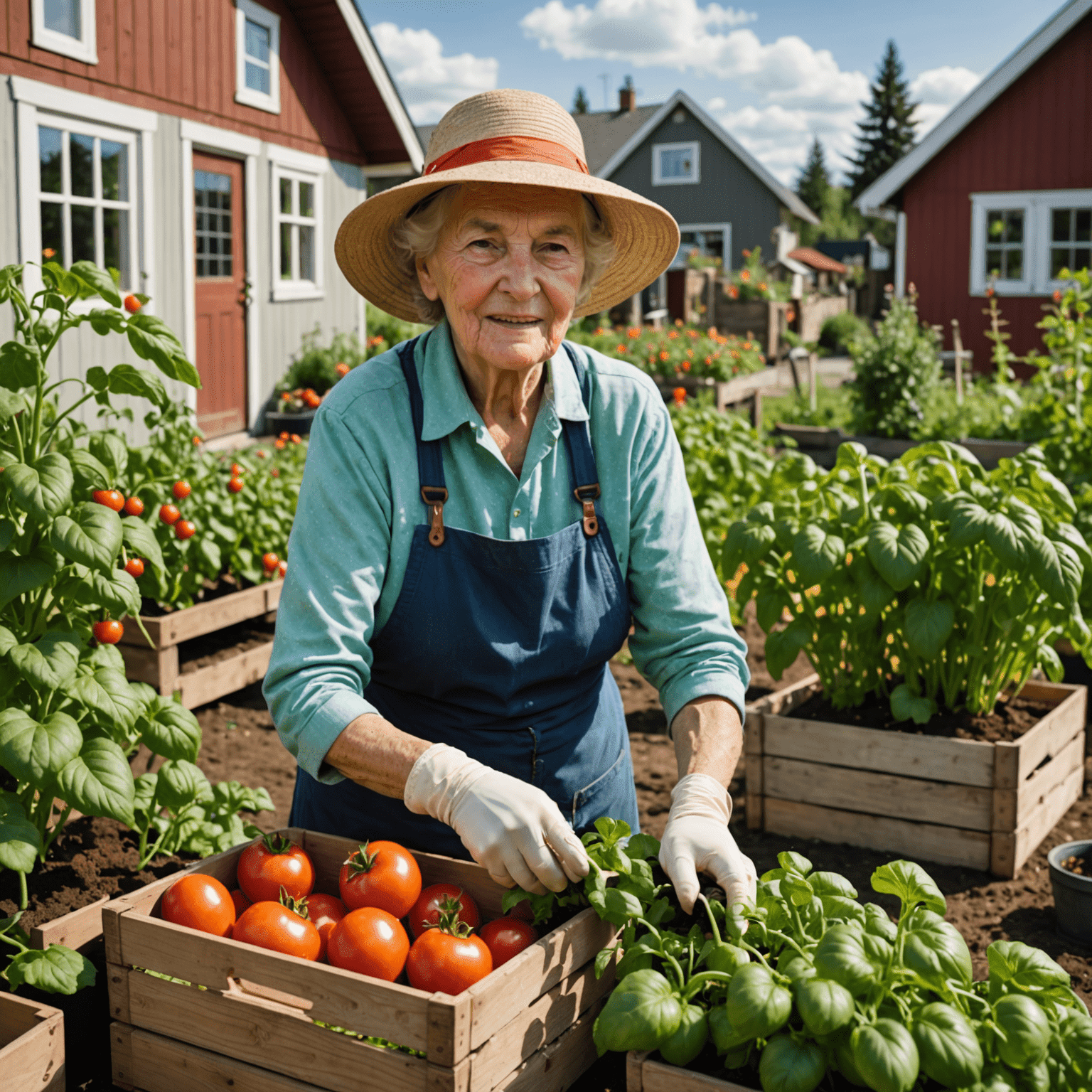 An elderly woman tending to her vegetable garden in a small Canadian town. She's wearing gardening gloves and a sun hat, surrounded by tomato plants and herb boxes. In the background, a modest bungalow with a Canadian flag can be seen.