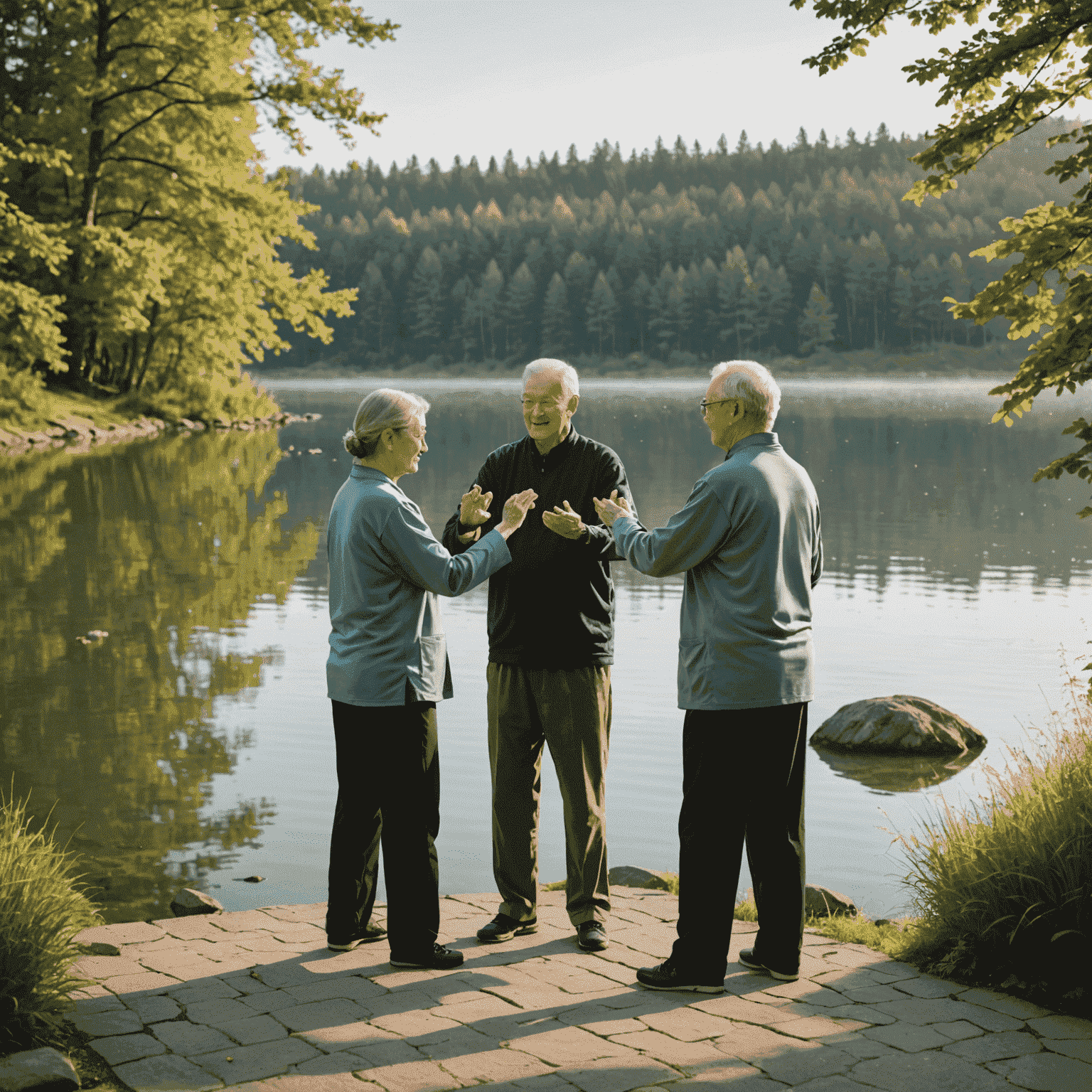 A serene lake view with Canadian seniors practicing tai chi by the water's edge. The scene is bathed in soft, early morning light, creating a peaceful and inviting atmosphere.