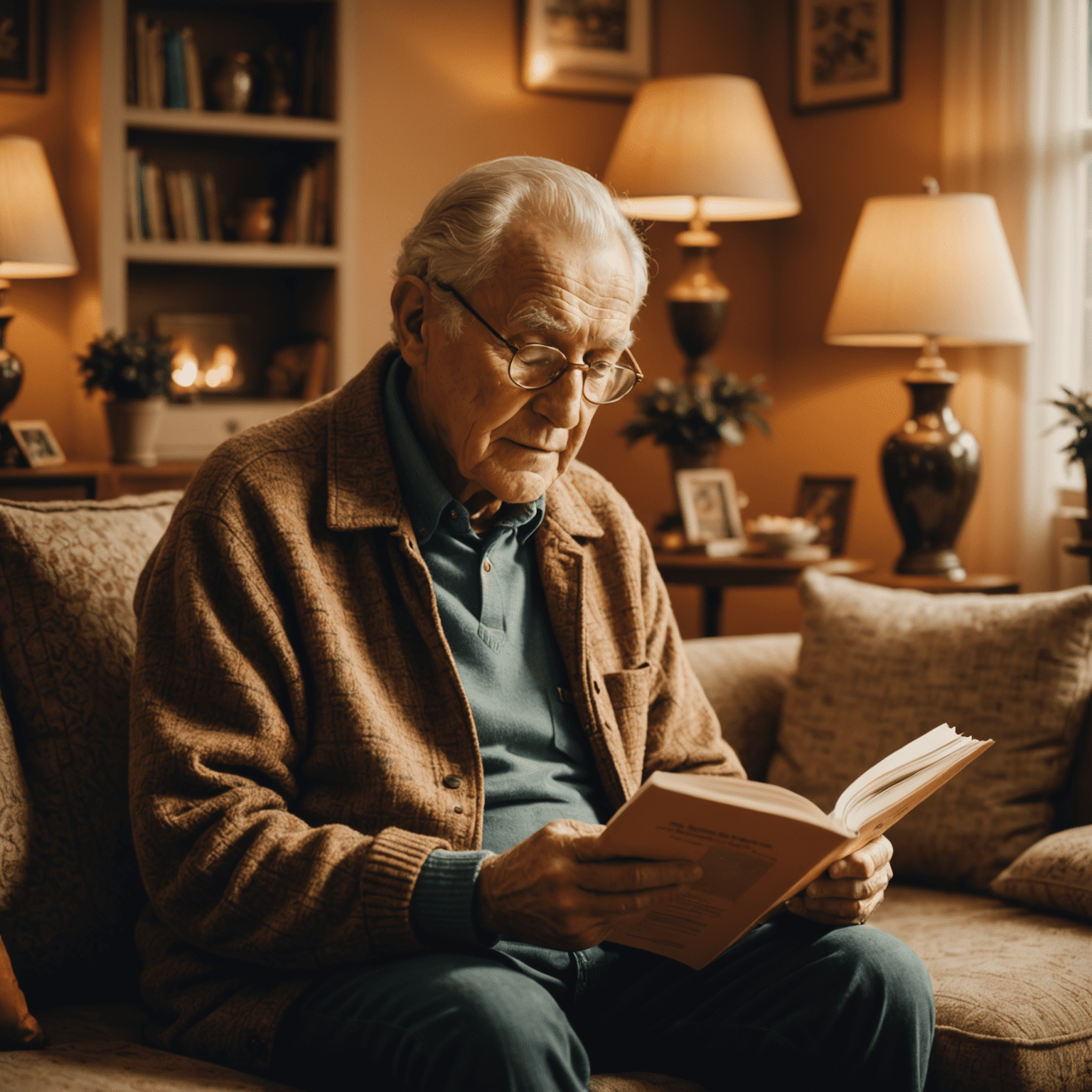 Elderly man reading a CPP information booklet in a cozy, 1970s-style living room with warm lighting