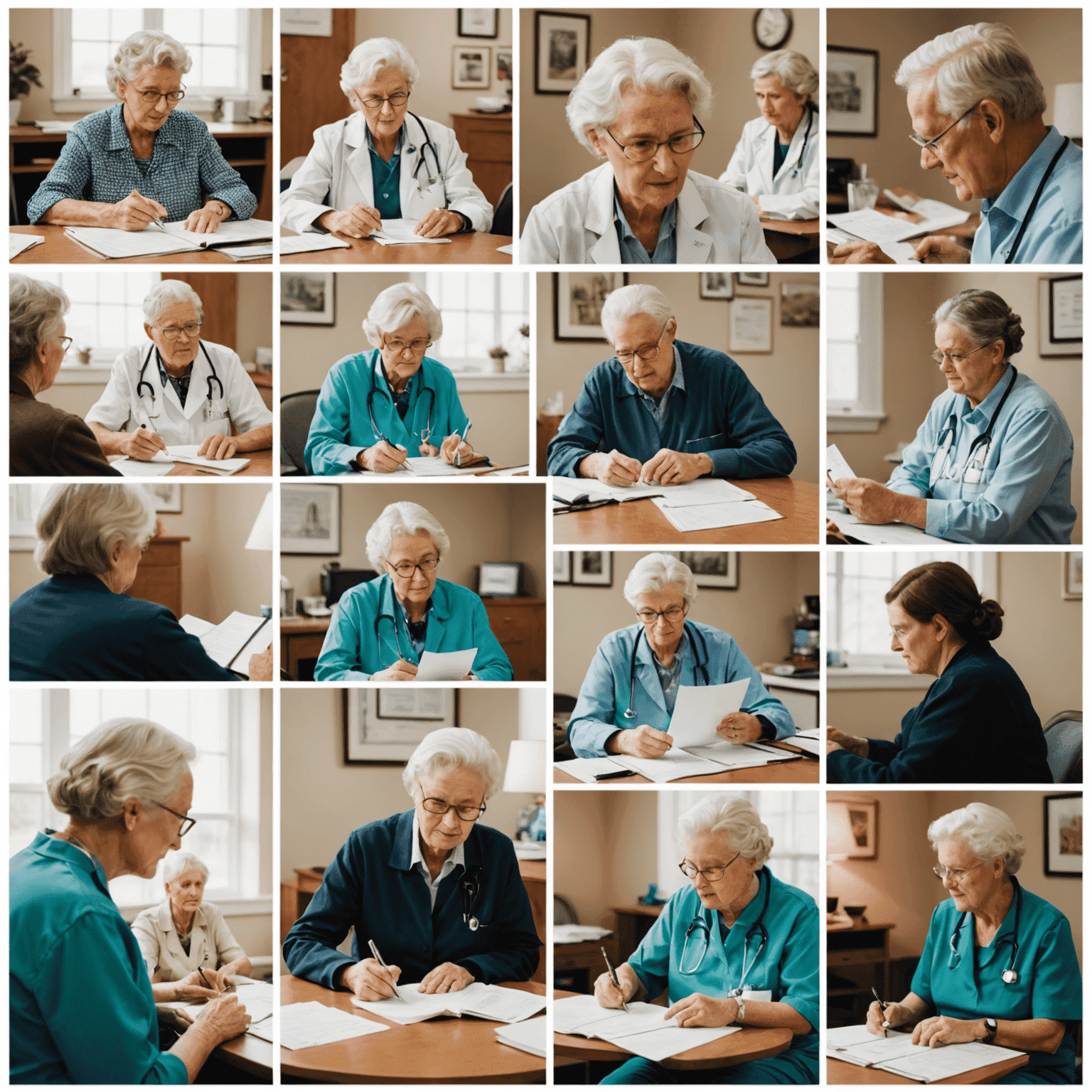 A collage of images showing Canadian seniors interacting with healthcare professionals, visiting clinics, and reviewing medical documents. The images have a slightly blurred edge and muted color palette to evoke a sense of nostalgia.