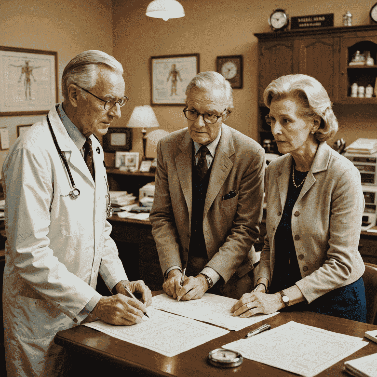 A senior couple consulting with a doctor in a vintage-style medical office. Medical charts and equipment from the 1960s are visible.