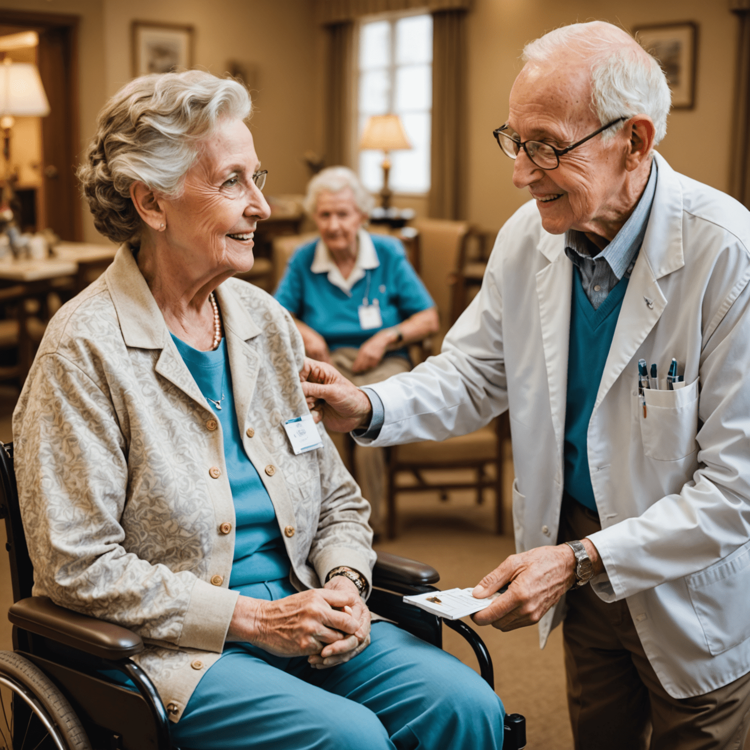 A friendly caregiver assisting a senior resident in an assisted living facility, helping with medication management