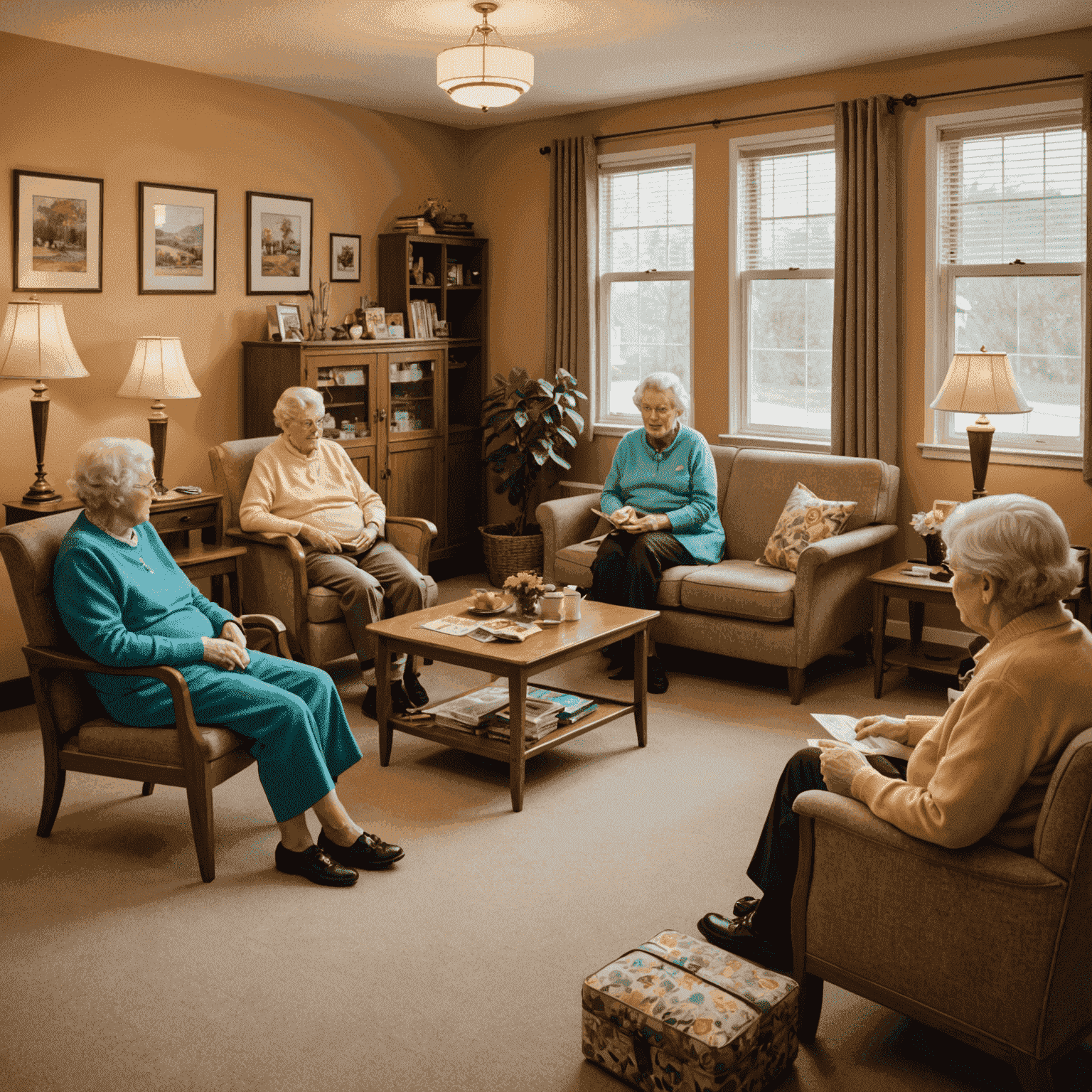 A cozy living room in a Canadian long-term care facility. Elderly residents are engaged in various activities - reading, knitting, and playing board games. The room has a nostalgic 1960s decor with warm colors and comfortable furniture.