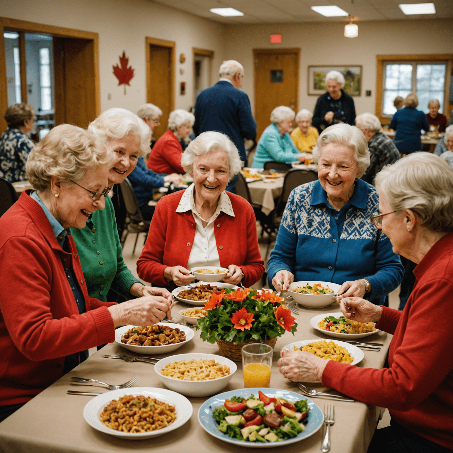 A group of senior Canadians enjoying a potluck dinner in a community center. The room is decorated with maple leaf motifs, and the seniors are sharing dishes that represent Canada's cultural diversity. Laughter and warm conversation are evident in their expressions.