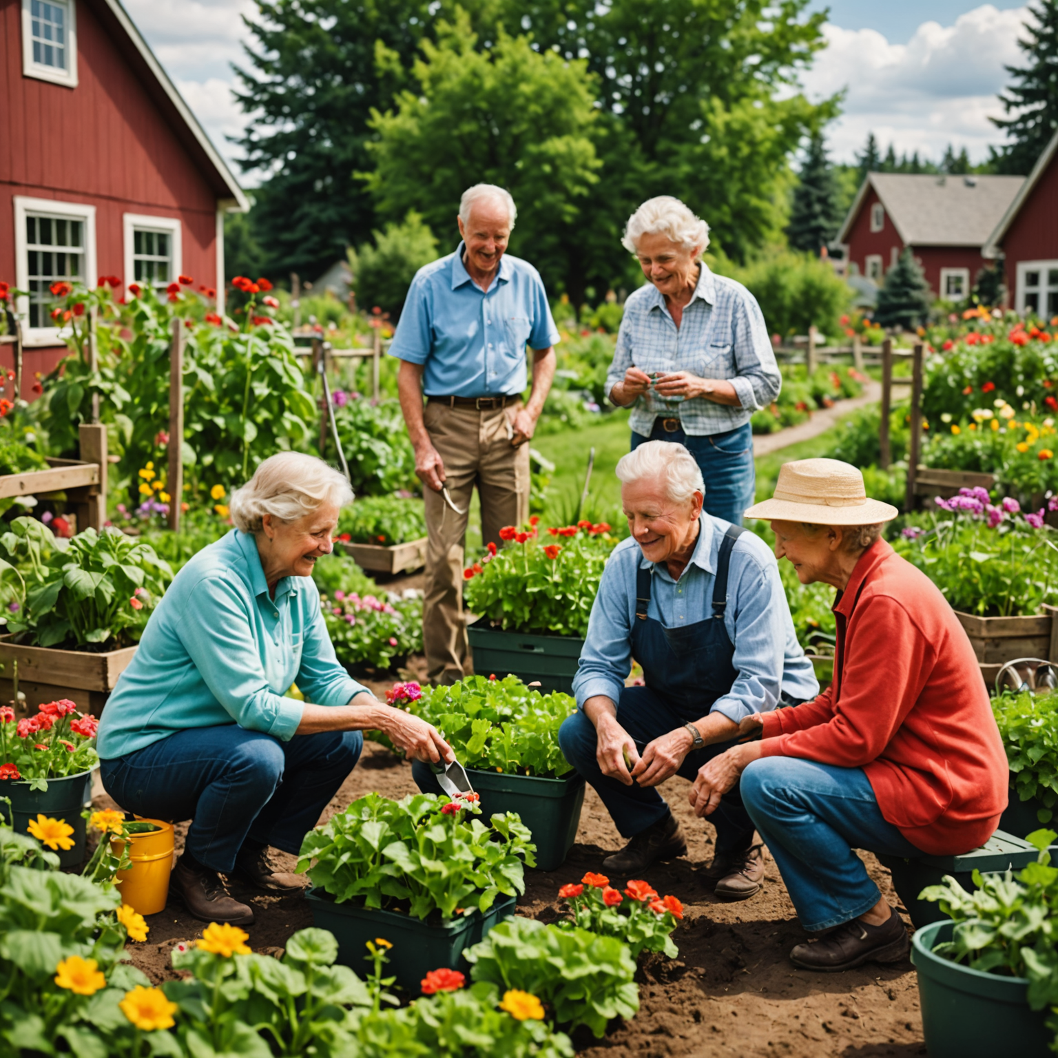 A group of Canadian seniors tending to a lush community garden. They are planting vegetables, watering flowers, and chatting amicably. The scene is rich with vibrant colors of fresh produce and blooming flowers, set against a backdrop of a small-town Canadian landscape.