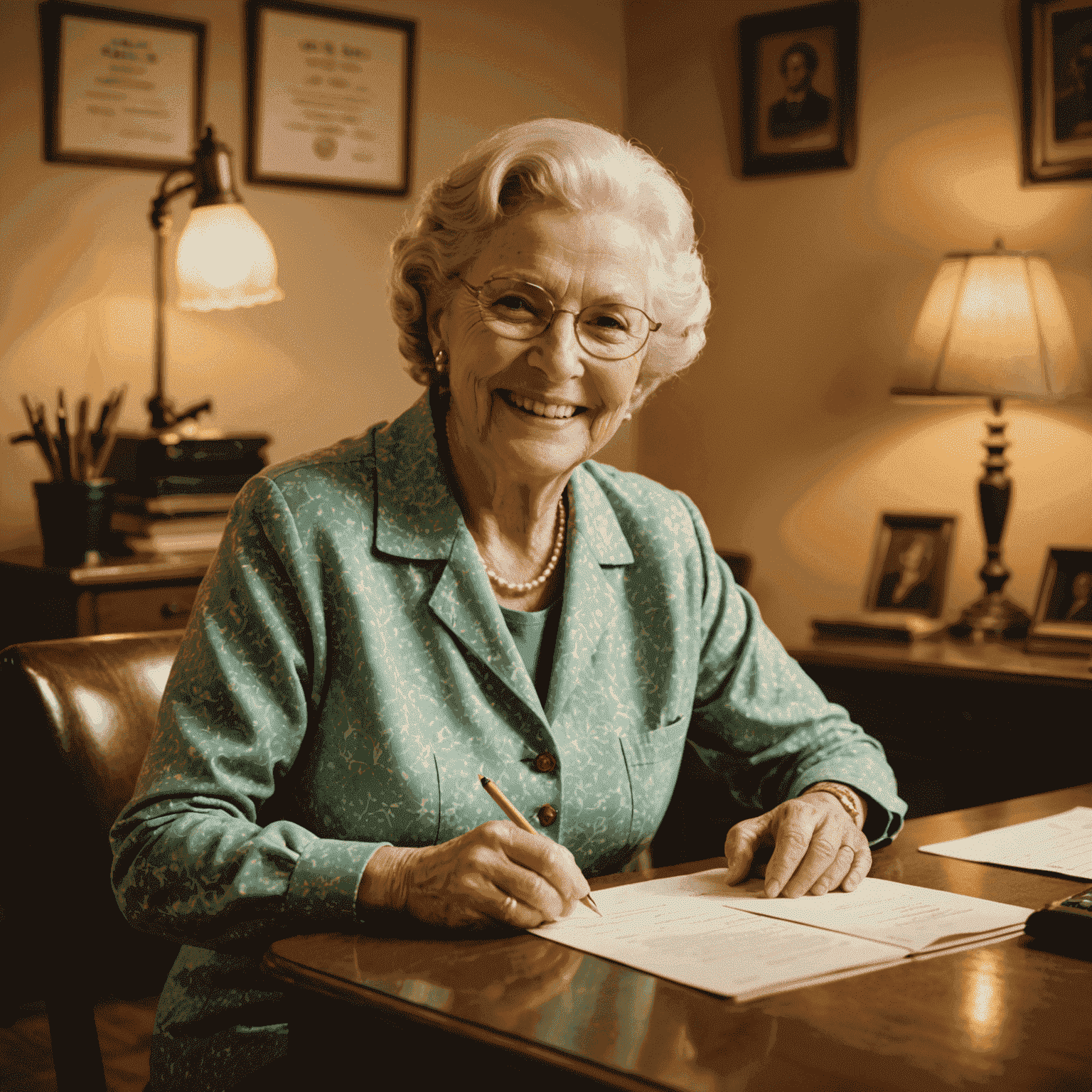 Senior woman smiling while filling out GIS application form at a vintage desk, with soft, warm lighting reminiscent of 1960s Canada