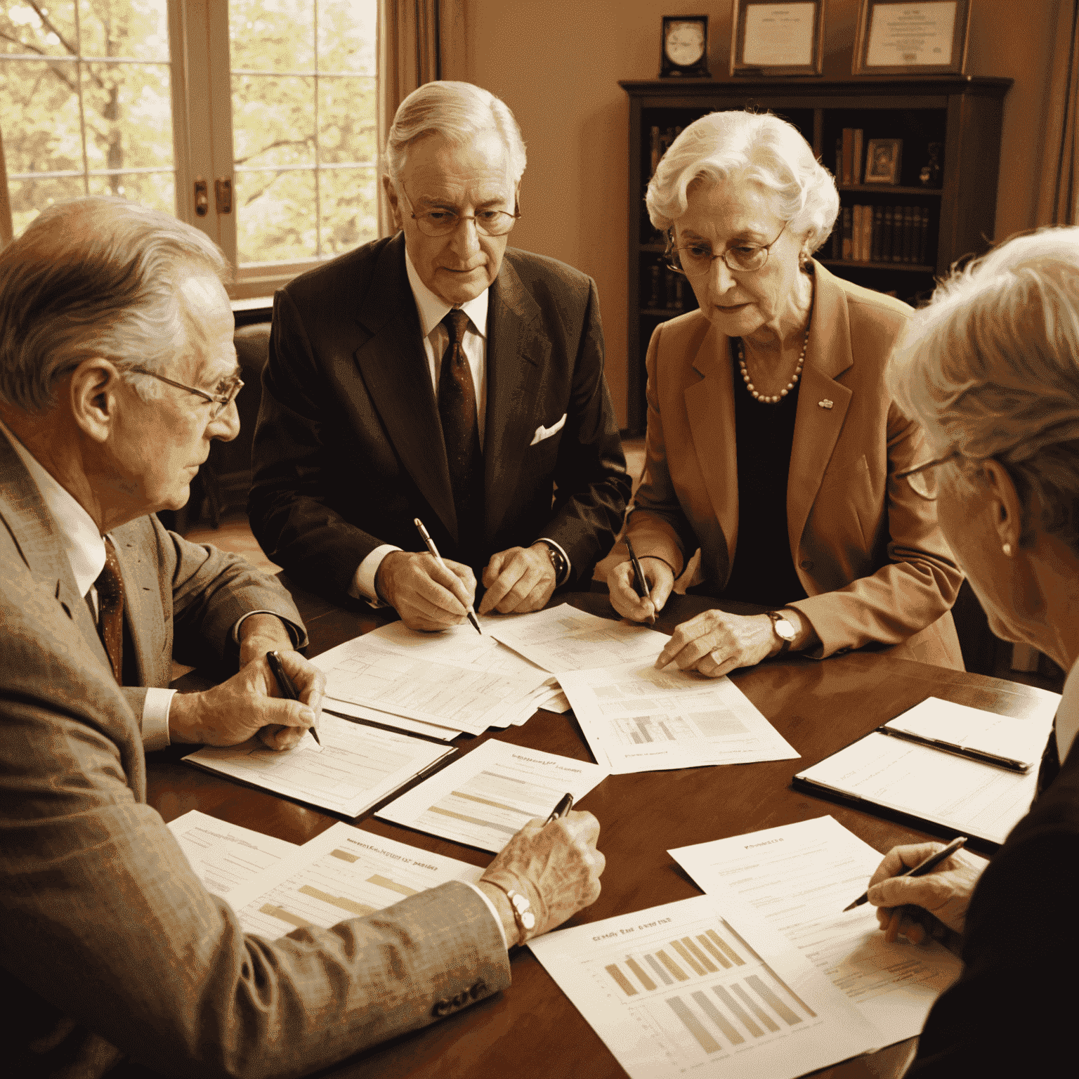 A montage of senior Canadians engaged in financial planning activities, such as reviewing investment portfolios, meeting with financial advisors, and calculating budgets. The image has a warm, amber-tinted filter to match the vintage aesthetic.