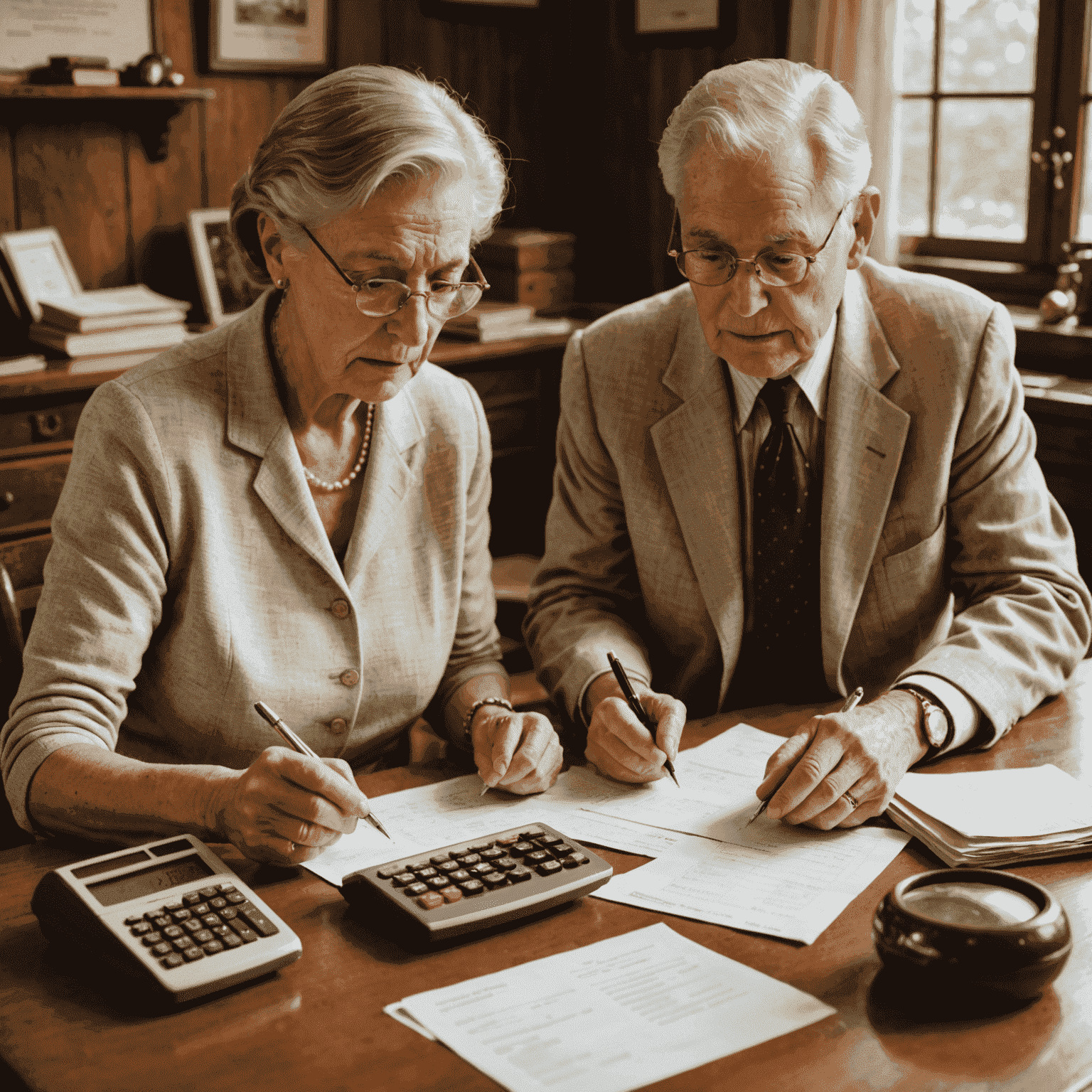 An elderly couple reviewing financial documents at a vintage wooden desk. A classic calculator and piggy bank are visible.