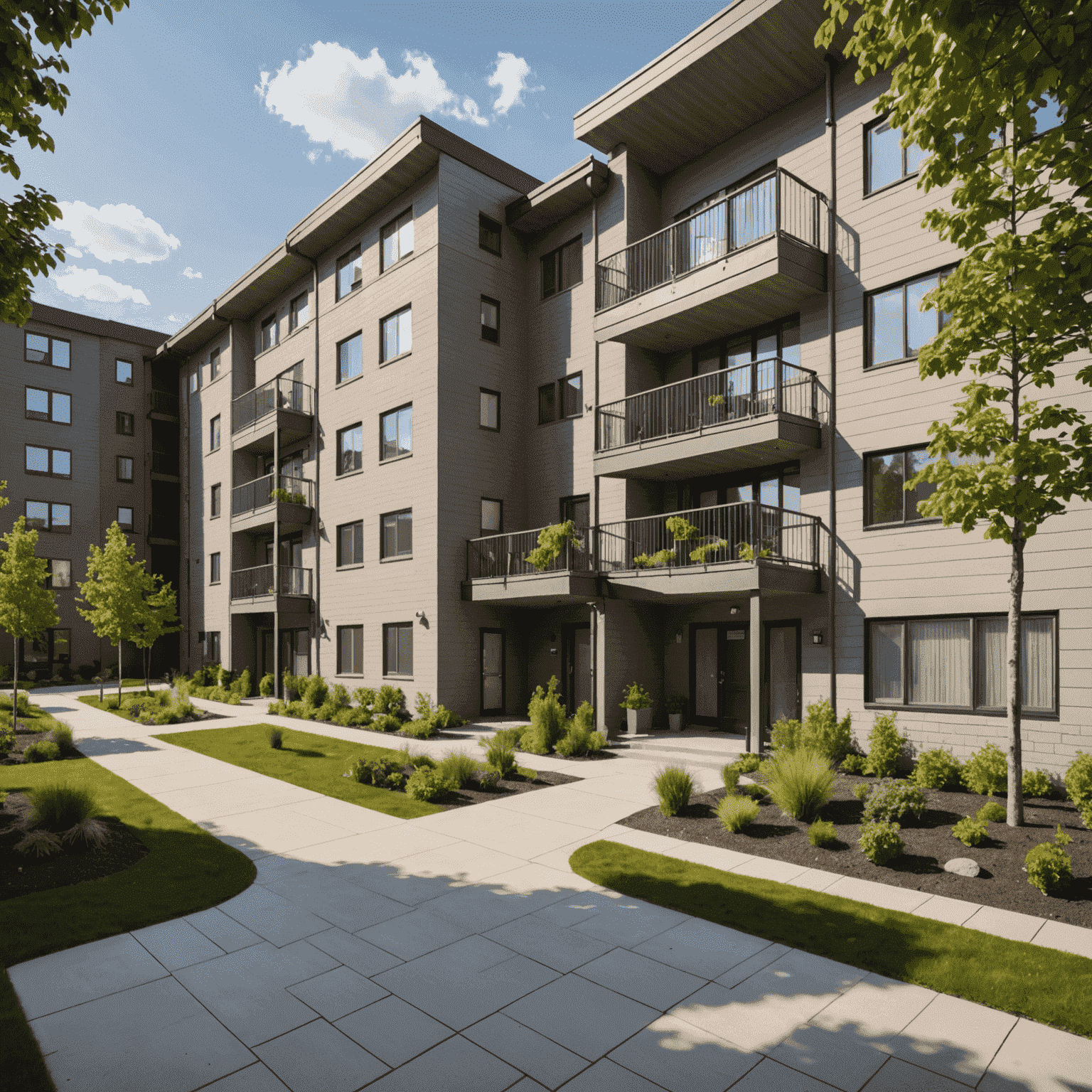 A modern, government-subsidized apartment complex for seniors, with accessible features and a park-like setting