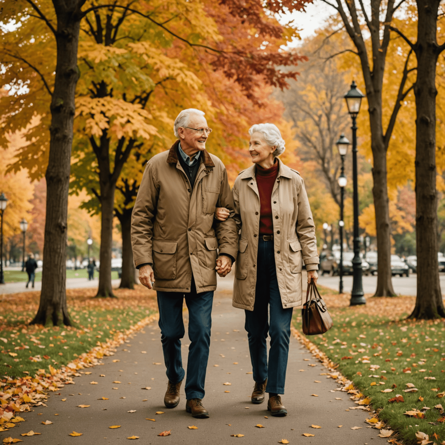 An elderly Canadian couple walking in a park during autumn. They're dressed in warm, vintage-style clothing and are holding hands. The park has colorful fall foliage, and there's a sense of contentment and well-being in their expressions.