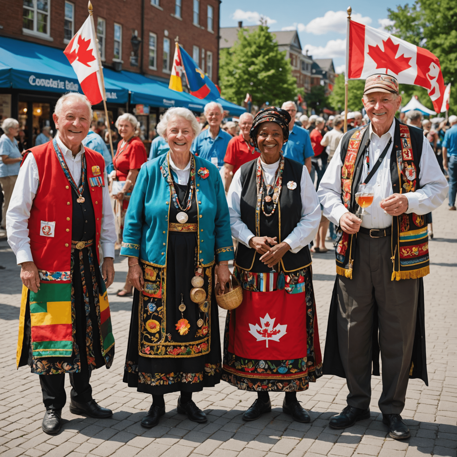 A diverse group of Canadian seniors participating in a cultural festival. They are wearing traditional costumes from various cultures, sharing food, and engaging in cultural performances. The scene is colorful and lively, set in a town square decorated with flags and banners.