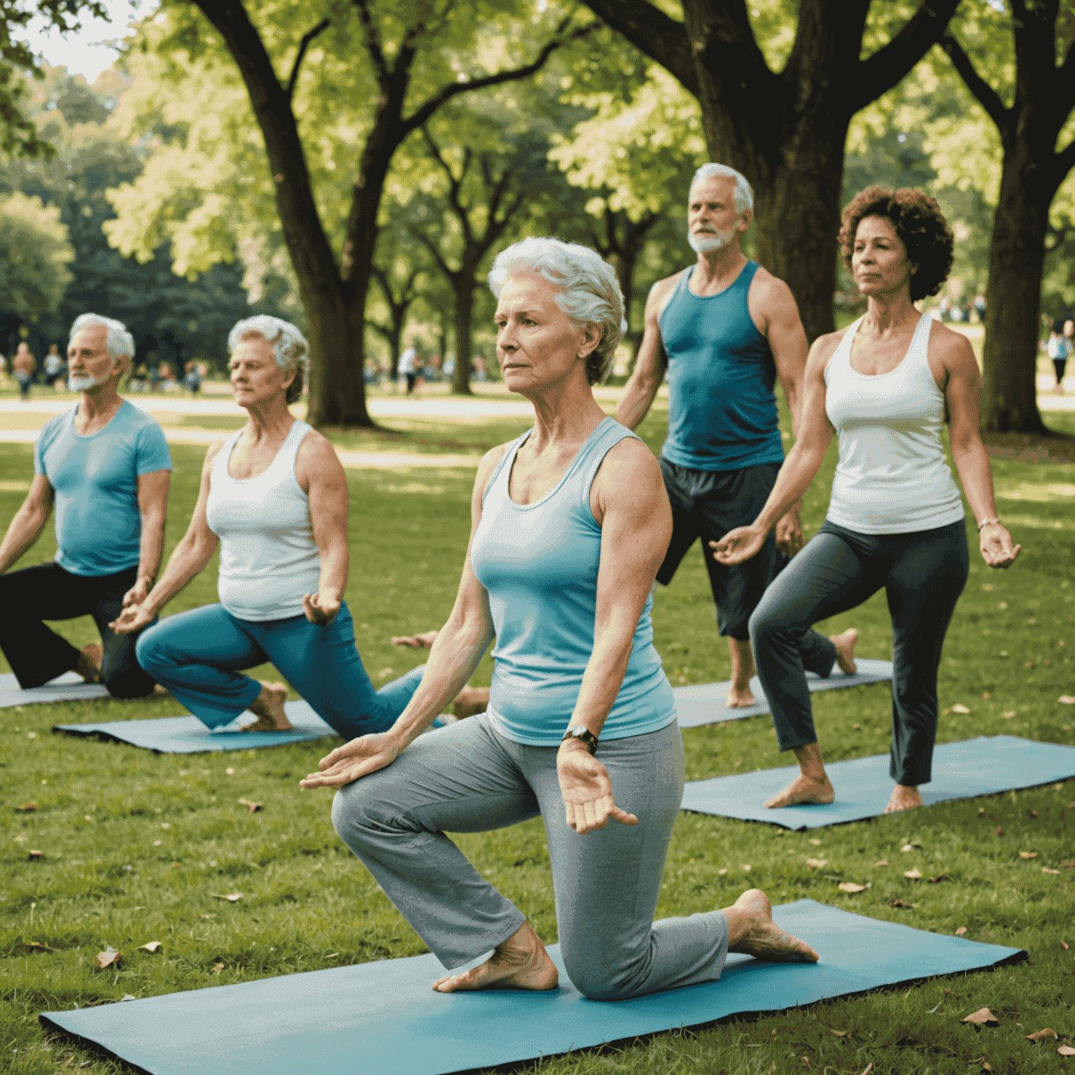 A group of seniors participating in a yoga class in a park. The scene has a 1970s feel with vintage exercise attire.