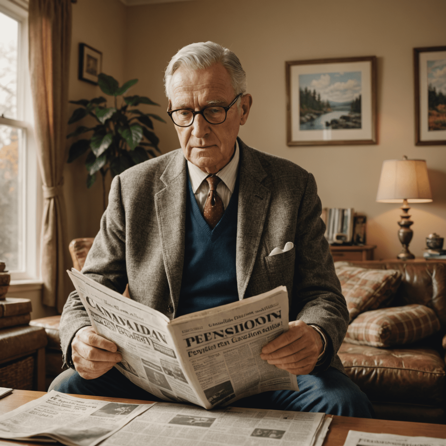 An older gentleman reading a newspaper with headlines about Canadian pension benefits. The scene is set in a 1960s-style living room.